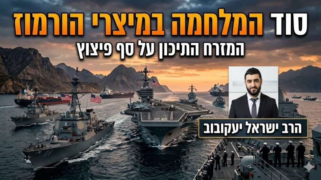 Naval fleet at sunset with several warships; inset portrait of a man in a suit beside a Hebrew headline about ending the war.