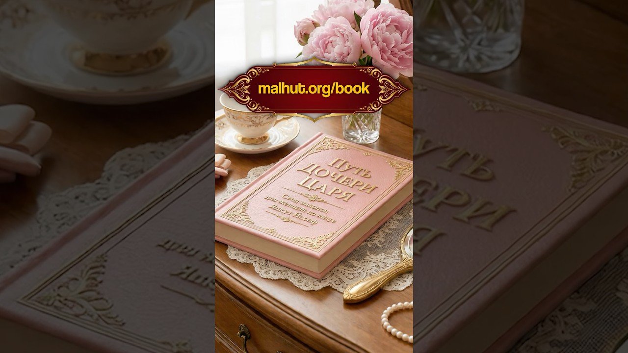 Pink ornate book on a lace mat with a teacup, pearls, and pink flowers; Malhut.org/book banner across the top.