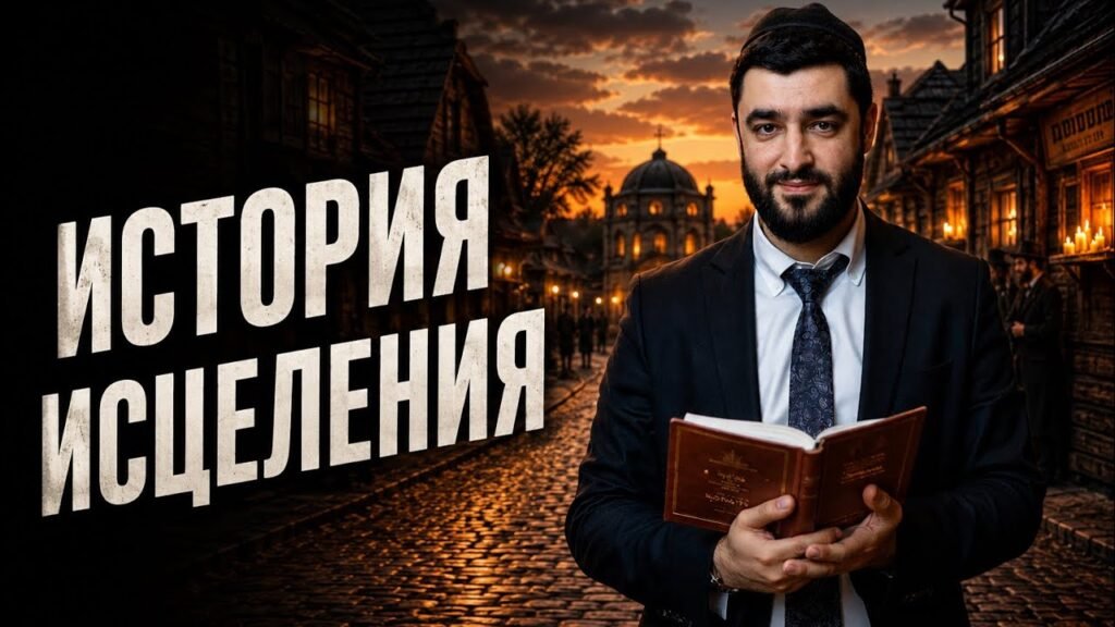 Man in a suit holding a Bible on a cobblestone street at sunset, with bold Russian title 'История исцеления'.