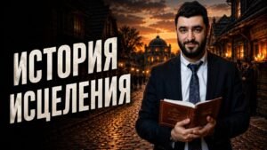 Man in a suit holding a Bible on a cobblestone street at sunset, with bold Russian title 'История исцеления'.