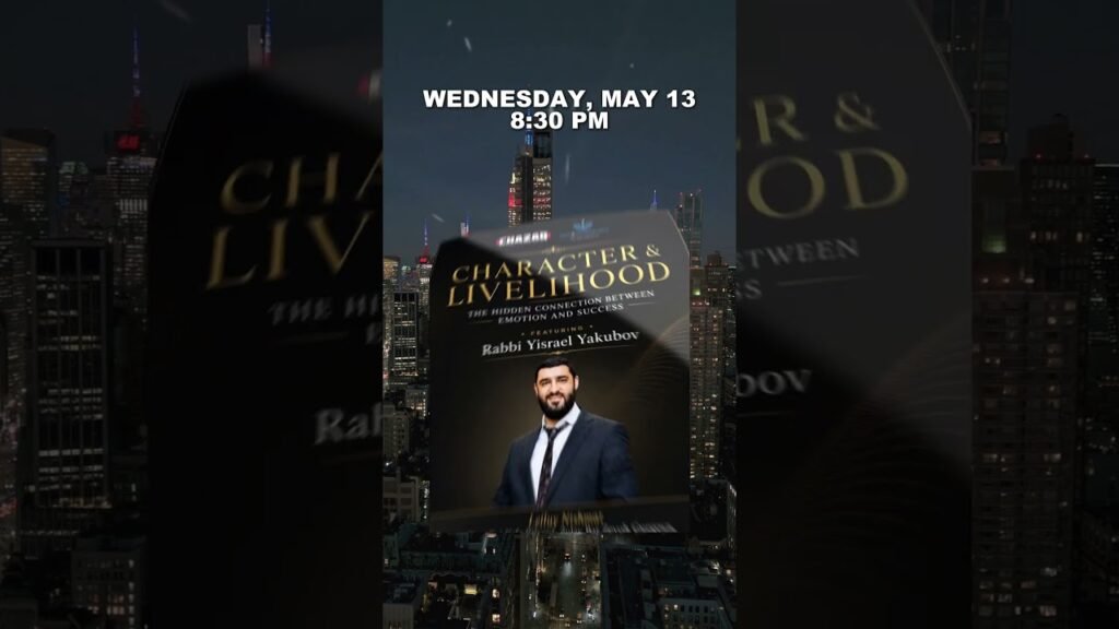 Night city skyline with a floating poster that reads 'Character & Livelihood' and event details; a man in a suit stands in front.