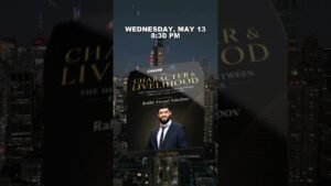 Night city skyline with a floating poster that reads 'Character & Livelihood' and event details; a man in a suit stands in front.