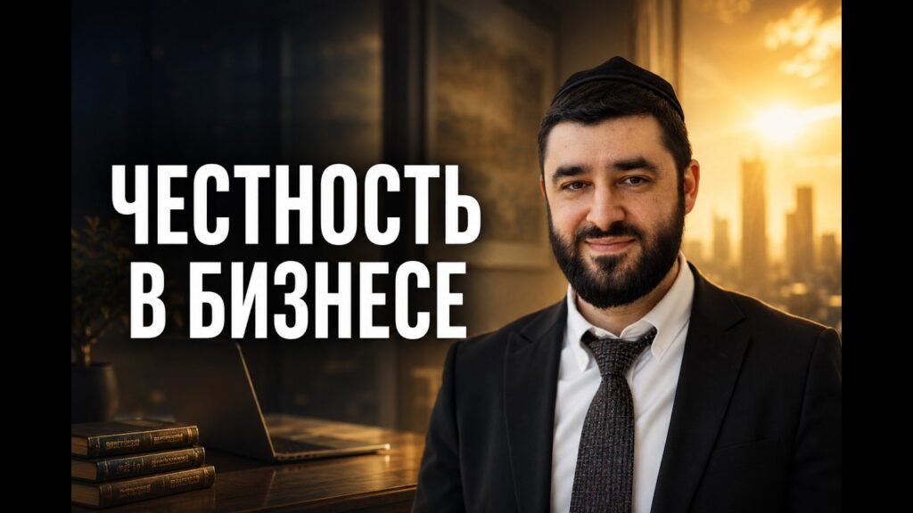 Thumbnail: man in suit with kippah, sunset cityscape, text in Russian 'ЧЕСТНОСТЬ В БИЗНЕСЕ' — about honesty in business (video thumbnail)