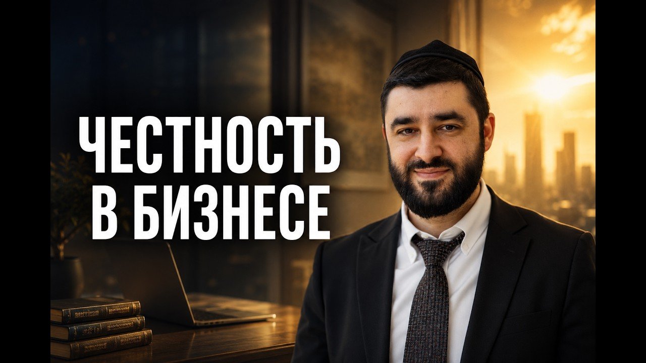 Thumbnail: man in suit with kippah, sunset cityscape, text in Russian 'ЧЕСТНОСТЬ В БИЗНЕСЕ' — about honesty in business (video thumbnail)