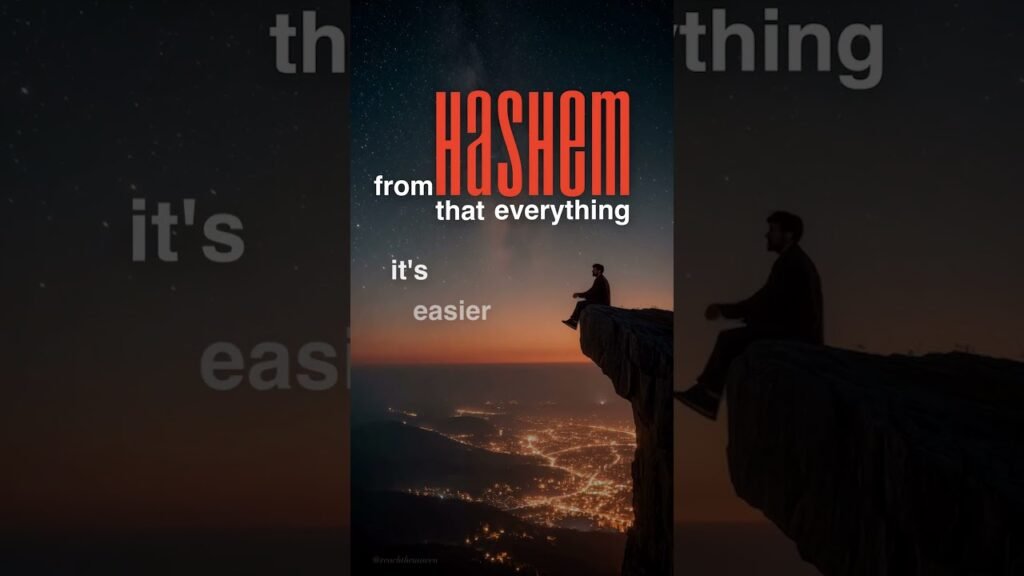 Silhouette of a man sitting on a cliff edge at night above a lit city, with a starry sky and the word 'Hashem' in red and other phrases overlaid.