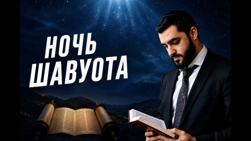 Night of Shavuot: a man in a suit reading a Hebrew Bible under a starry night sky with a rolled Torah on a hilltop (Russian title visible)