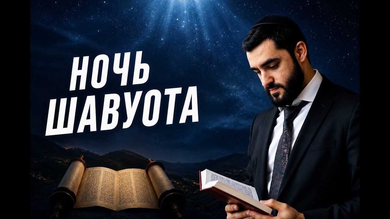 Night of Shavuot: a man in a suit reading a Hebrew Bible under a starry night sky with a rolled Torah on a hilltop (Russian title visible)