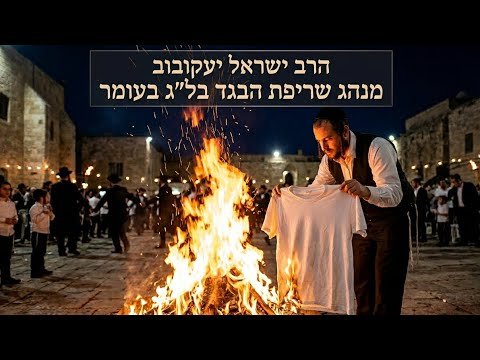 Man in a vest and white shirt holds a folded shirt over a large bonfire in a nighttime courtyard, as onlookers gather and a Hebrew banner hangs above.