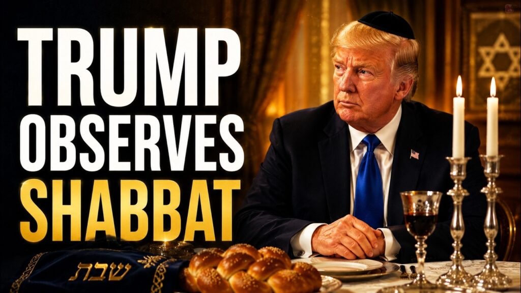A man in a suit sits at a Shabbat table with lit candles, wine, and challah bread, beside bold text that says 'OBSERVES SHABBAT'.
