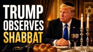 A man in a suit sits at a Shabbat table with lit candles, wine, and challah bread, beside bold text that says 'OBSERVES SHABBAT'.