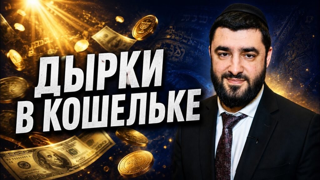 Video thumbnail about money leaks: man in a suit and kippah on the right, bold Cyrillic title, coins and cash in a golden, dynamic background