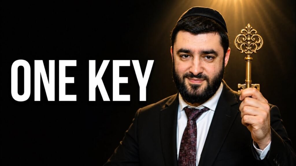 Businessman in a suit holding up a large ornate key against a dark background with the words ONE KEY in bold white text on the left