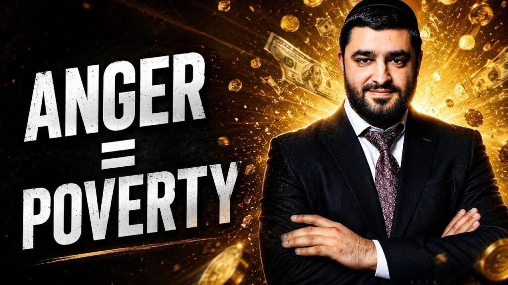 Thick white text reads 'ANGER = POVERTY' with a suited man crossing his arms against a gold-money background, suggesting a video about finance and anger.