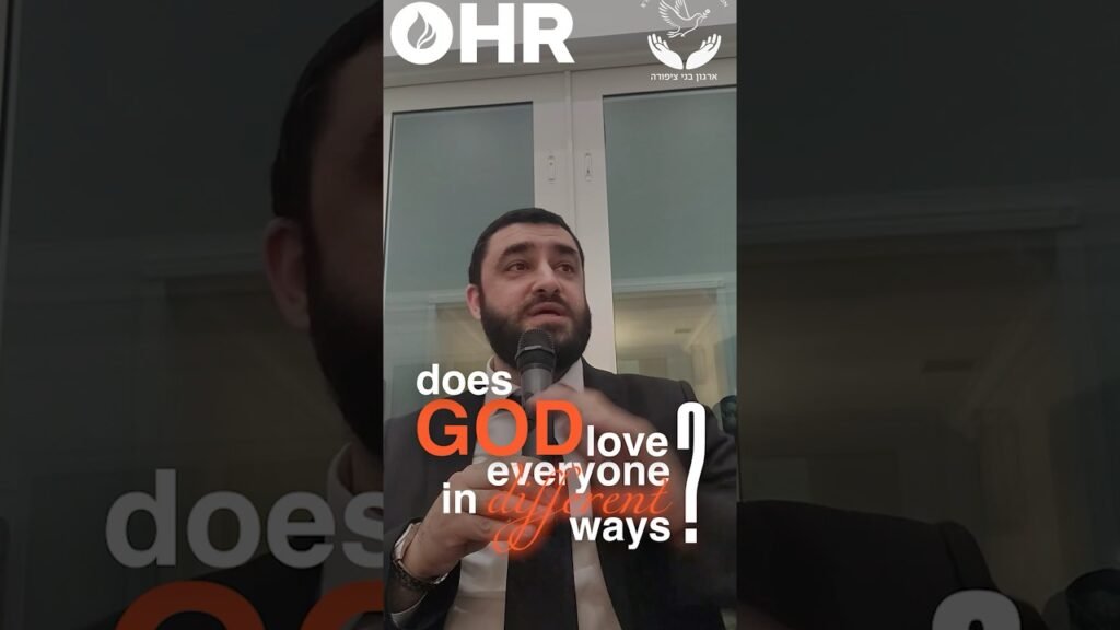 Man in suit speaks into a microphone during a talk, overlay text asks if God loves everyone in different ways, with OHR logo at top left.
