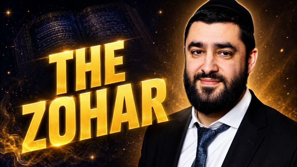 Bearded man in a suit and kippah beside glowing gold text 'THE ZOHAR' on a starry, fiery background (video thumbnail).