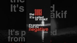 Vertical poster with red 'aura' text and white slogan on a dark space/landscape background; reads 'the aura It's called or makif' and 'It's protected from the negative side'.