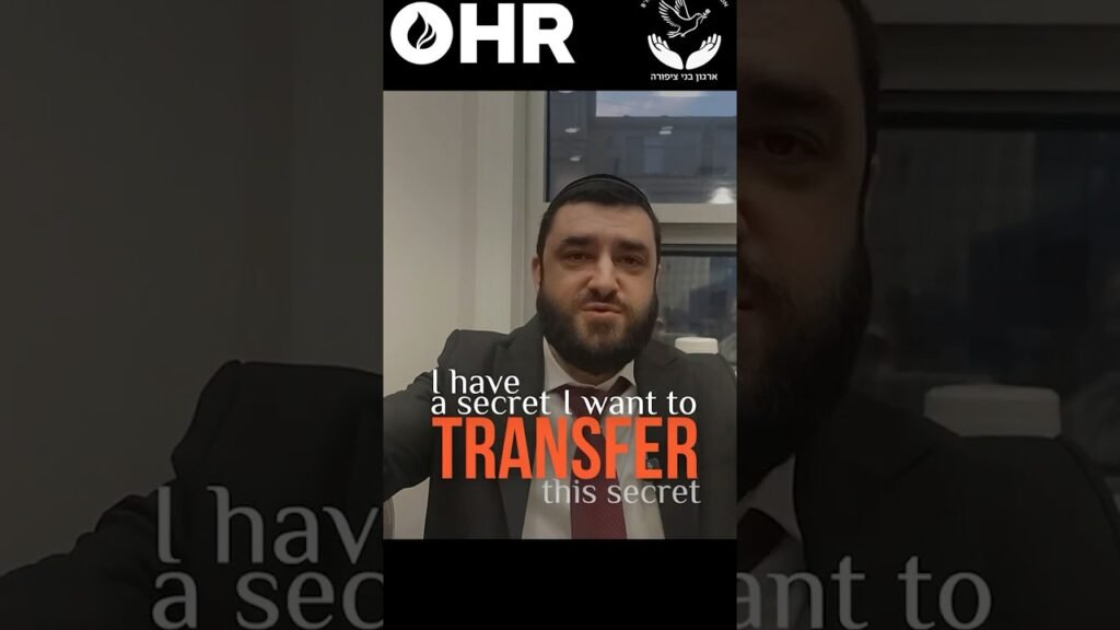 Man in a suit seated in an office, with bold orange text saying 'TRANSFER this secret' overlaid on him; OHR logos at top.