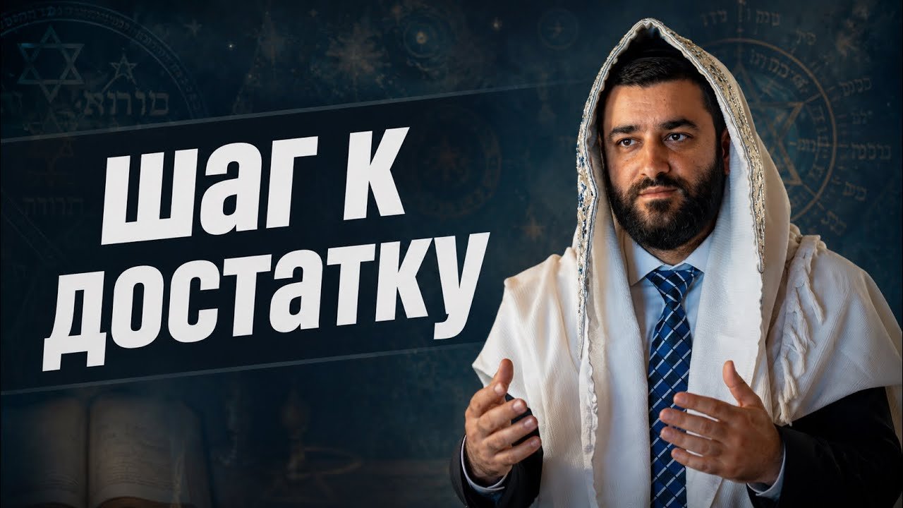 Man wearing a white prayer shawl over a suit and blue tie speaks with open hands in a dark, branded thumbnail that reads 'шаг к достатку' (step to wealth).