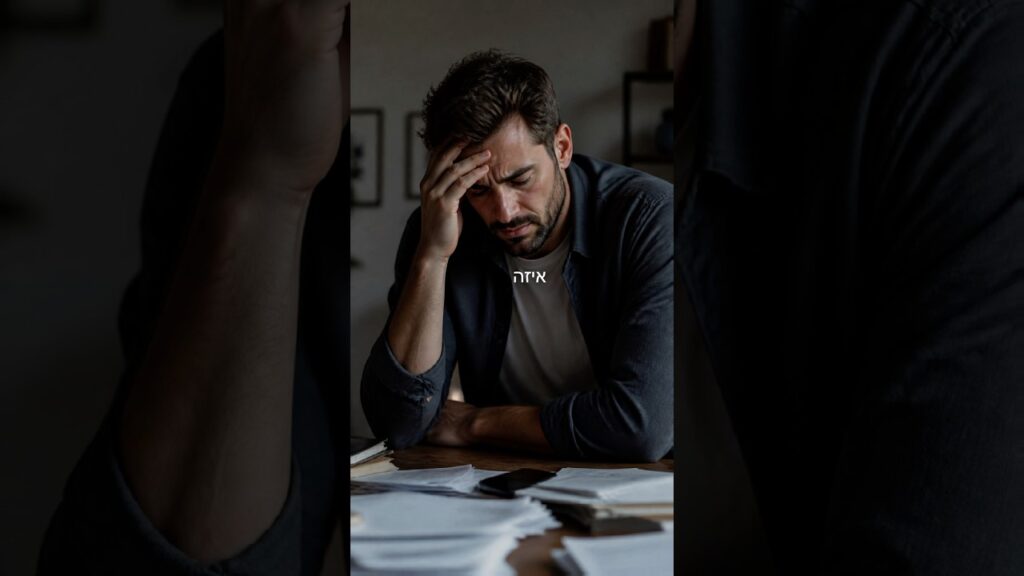 Man at a desk surrounded by scattered papers, head in his hand in a stressed position.