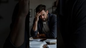 Man at a desk surrounded by scattered papers, head in his hand in a stressed position.