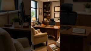 Tidy executive office with a wooden desk, black chair, and framed certificates on the wall behind a bookshelf.