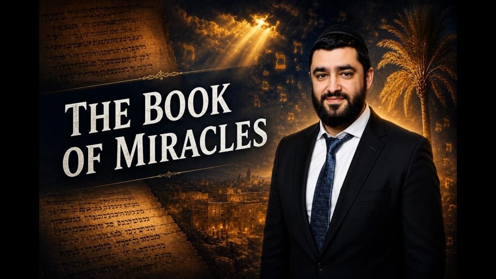 Promotional banner featuring a man in a suit on the right and the text 'The Book of Miracles' on the left, with a warm cityscape background.