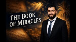 Promotional banner featuring a man in a suit on the right and the text 'The Book of Miracles' on the left, with a warm cityscape background.