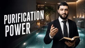 Man in a suit holds an open book beside a spa pool, with bold 'PURIFICATION POWER' text on a dark wall behind him.
