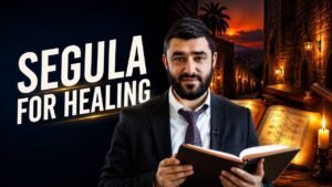 Bearded man in a suit reading an open book, with a large 'Segula for Healing' sign on a dark background behind him.