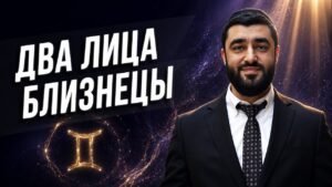 Video thumbnail: man in a dark suit and tie smiling, with bold Russian title 'ДВА ЛИЦА БЛИЗНЕЦЫ' on the left and a glowing Gemini symbol in the background.