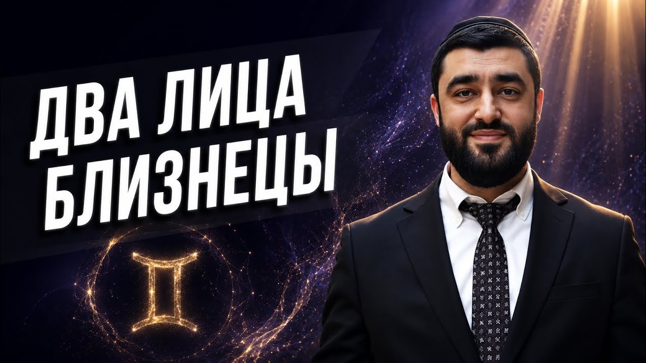 Video thumbnail: man in a dark suit and tie smiling, with bold Russian title 'ДВА ЛИЦА БЛИЗНЕЦЫ' on the left and a glowing Gemini symbol in the background.