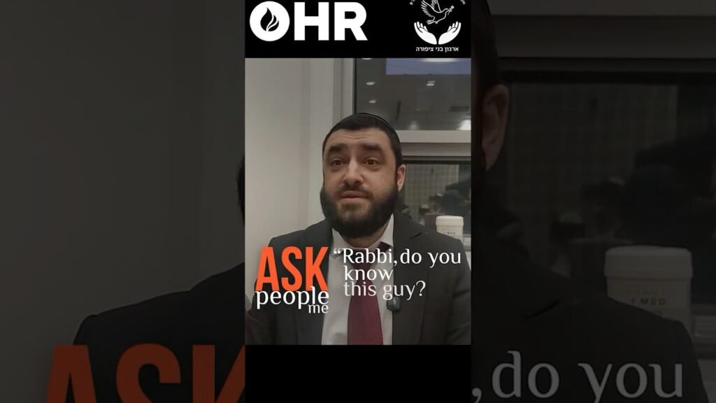 Bearded man in a suit speaking in an interview frame; overlaid text reads 'Rabbi, do you know this guy?' with 'ASK people me' graphic and OHR logo at the top.