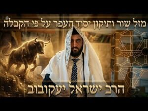 Poster-style image of a man in white religious robes, with a bull on the left and a geometric network on the right; Hebrew captions overlay top and bottom.