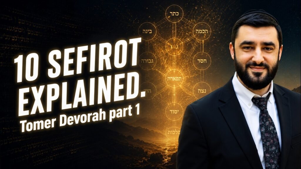 Professional man in a suit on the right; left features a glowing diagram of the 10 sefirot with the title '10 SEFIROT EXPLAINED. Tomer Devorah part 1'