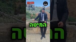 Man in a dark suit and tie stands against a stone wall outdoors, with two logos near his head and bold green Hebrew text overlaying his torso.