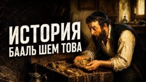 Thumbnail showing a bearded man in old clothes counting gold coins from a treasure chest, with bold Russian title История Баал Шем Това on the left (video thumbnail).