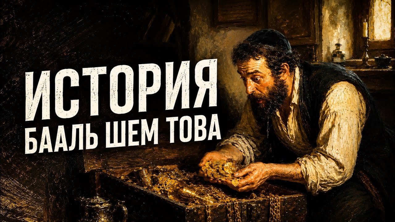 Thumbnail showing a bearded man in old clothes counting gold coins from a treasure chest, with bold Russian title История Баал Шем Това on the left (video thumbnail).