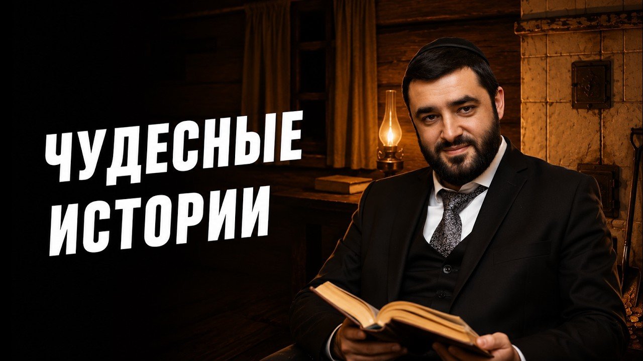 Man in a suit and kippah sitting by a warm lamp, reading an open book; bold Russian text on left reads 'ЧУДЕСНЫЕ ИСТОРИИ'.