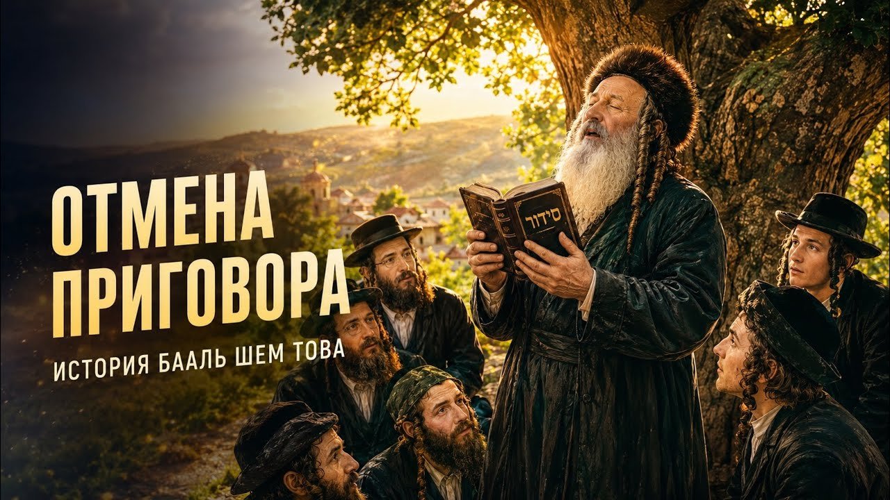 Bearded rabbi in traditional clothing reads from a Hebrew book to a small group outdoors under a tree, with a hillside village in the background (religious teaching scene).