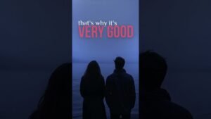 Two people silhouetted from behind, looking at the sea at dusk, with the caption 'that's why it's VERY GOOD' in pink.
