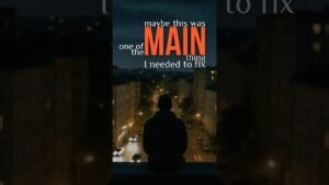 Person sits on a rooftop ledge overlooking a lit city at night with a motivational overlay about fixing the main thing in bold orange text.