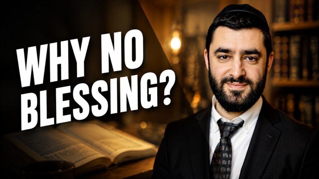 Bearded man in a suit in a dim library with an open Bible on the desk and bold overlay text 'WHY NO BLESSING?'.