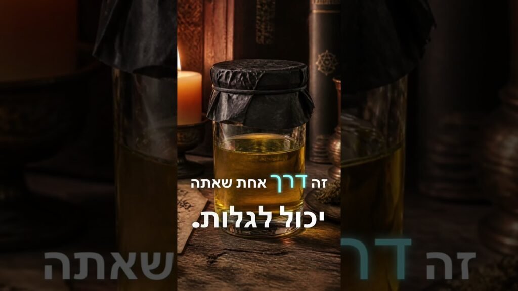 Jar of golden oil with a black cloth lid on a wooden table, lit candle and old books in the background; Hebrew quote about finding your path overlaid on the image.