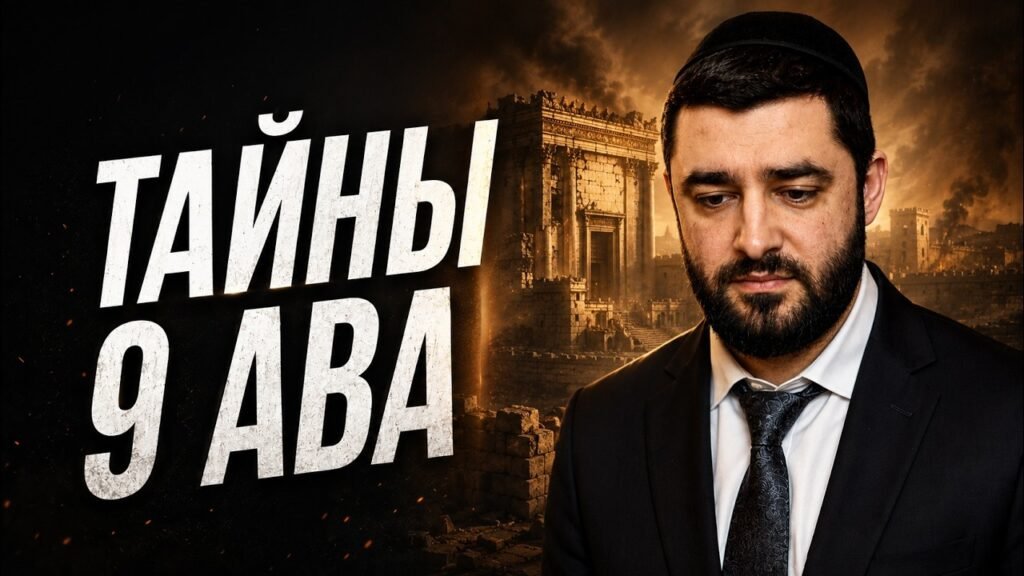 Thumbnail with large white Cyrillic text 'ТАЙНЫ 9 АВА' on the left, and a man in a suit looking down against a burning, ruined ancient city backdrop on the right.