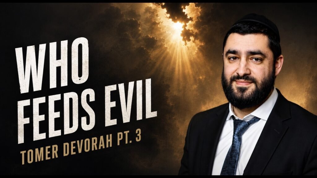 Thumbnail for a video titled 'Who Feeds Evil' with a man in a suit on the right and a dark cloudy background with a beam of light; subtitle reads 'Tomer Devorah Pt. 3'.