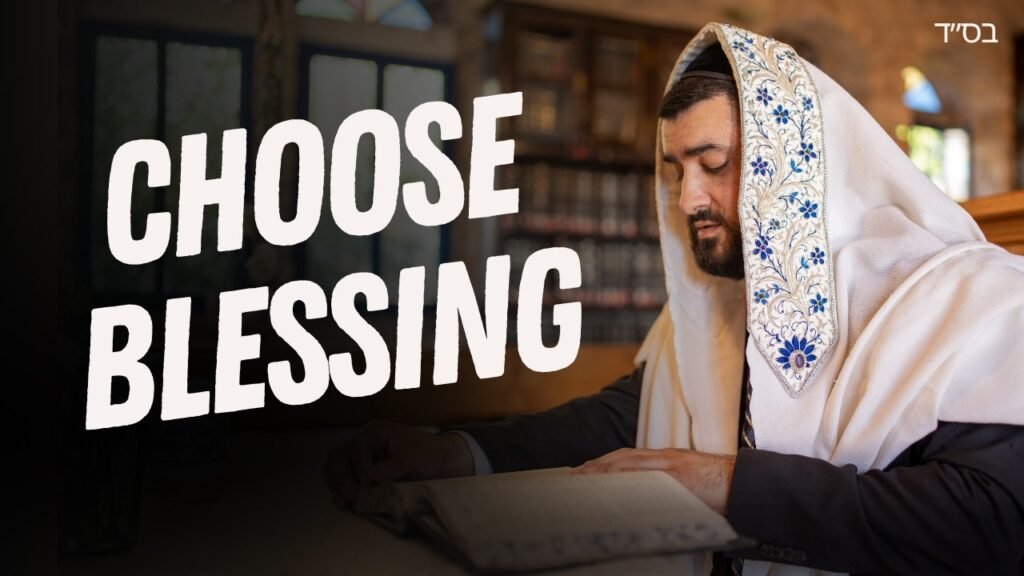 Man in a white prayer shawl with blue embroidery reads from a book in a library, with a bold 'CHOOSE BLESSING' overlay on the left.