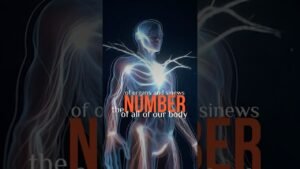 Abstract glowing human silhouette made of neon lines, with the word NUMBER in orange and text about organs and sinews.