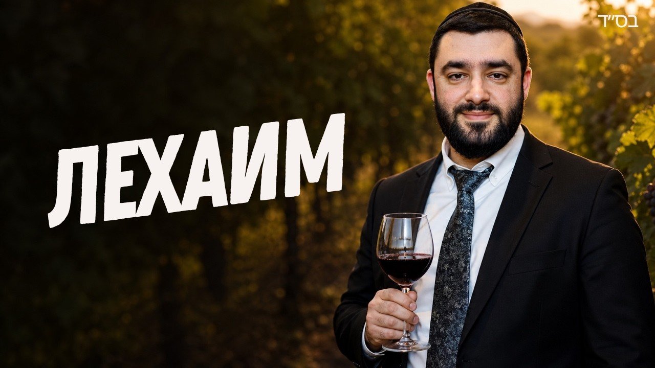 Professional man in a suit holding a glass of red wine in a vineyard at sunset; large Hebrew word L'CHAIM across the left, with a small 'בס"ד' in the top-right corner.