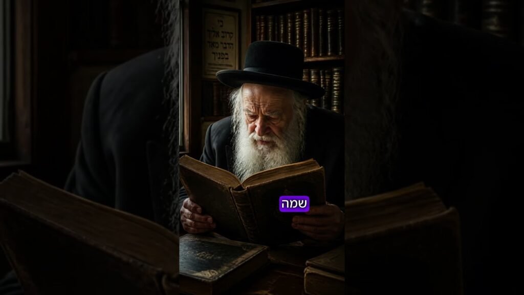 An elderly man with a black hat and long white beard reading an old book in a dim library, a purple Hebrew label resting on the pages.