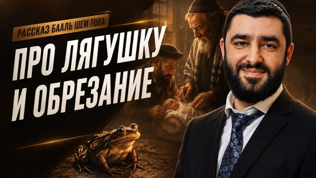 Thumbnail for a Russian-language video: man in a suit on the right, bold title Про лягушку и обрезание with doctors and a baby in the background, and a frog in the foreground.